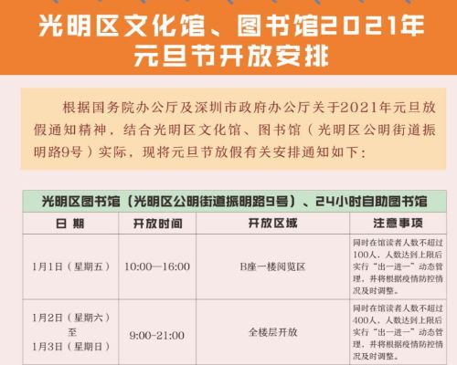 光明区文化馆、图书馆2021年元旦节开放安排