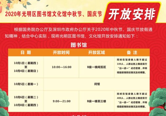 2020年光明区图书馆文化馆中秋节、国庆节开放安排通知